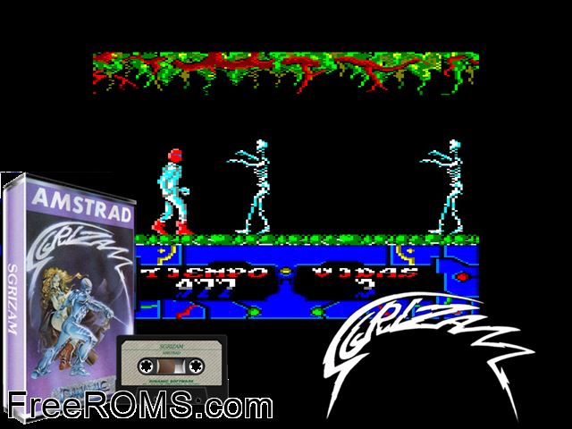 Sgrizam (S) (1986) [a1] Amstrad CPC game showing 3D box cover and gameplay screenshot